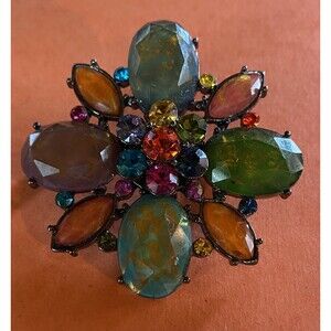 Women’s Brooch Pin Multicolor Amber Stones Flower 2” Vintage